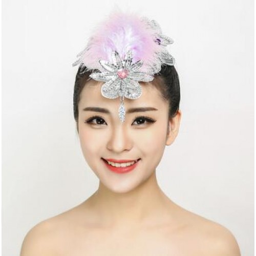 Women's girls chinese folk classical dance feather flowers headdress modern dance stage performance hair accessories